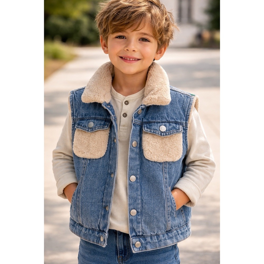 Boys Denim Sherpa Vest Size 4 Blue Faux Fur Lined Western Cozy Layer Kids Unisex